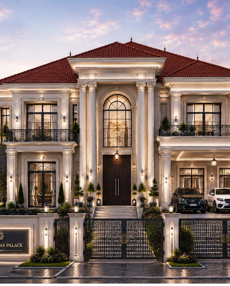 A grand classical Luxe Habitat residence at dusk