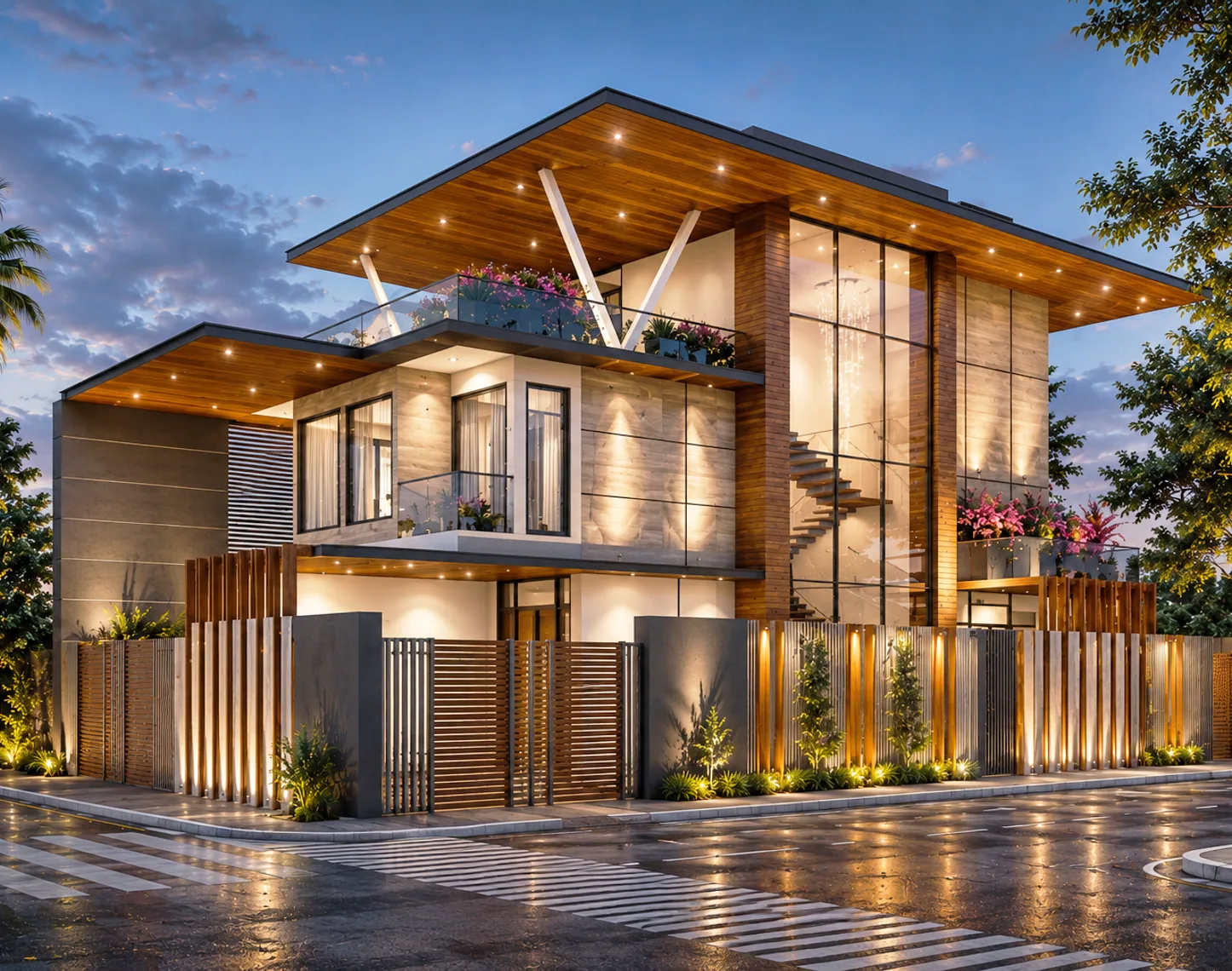 Illuminated modern home at dusk