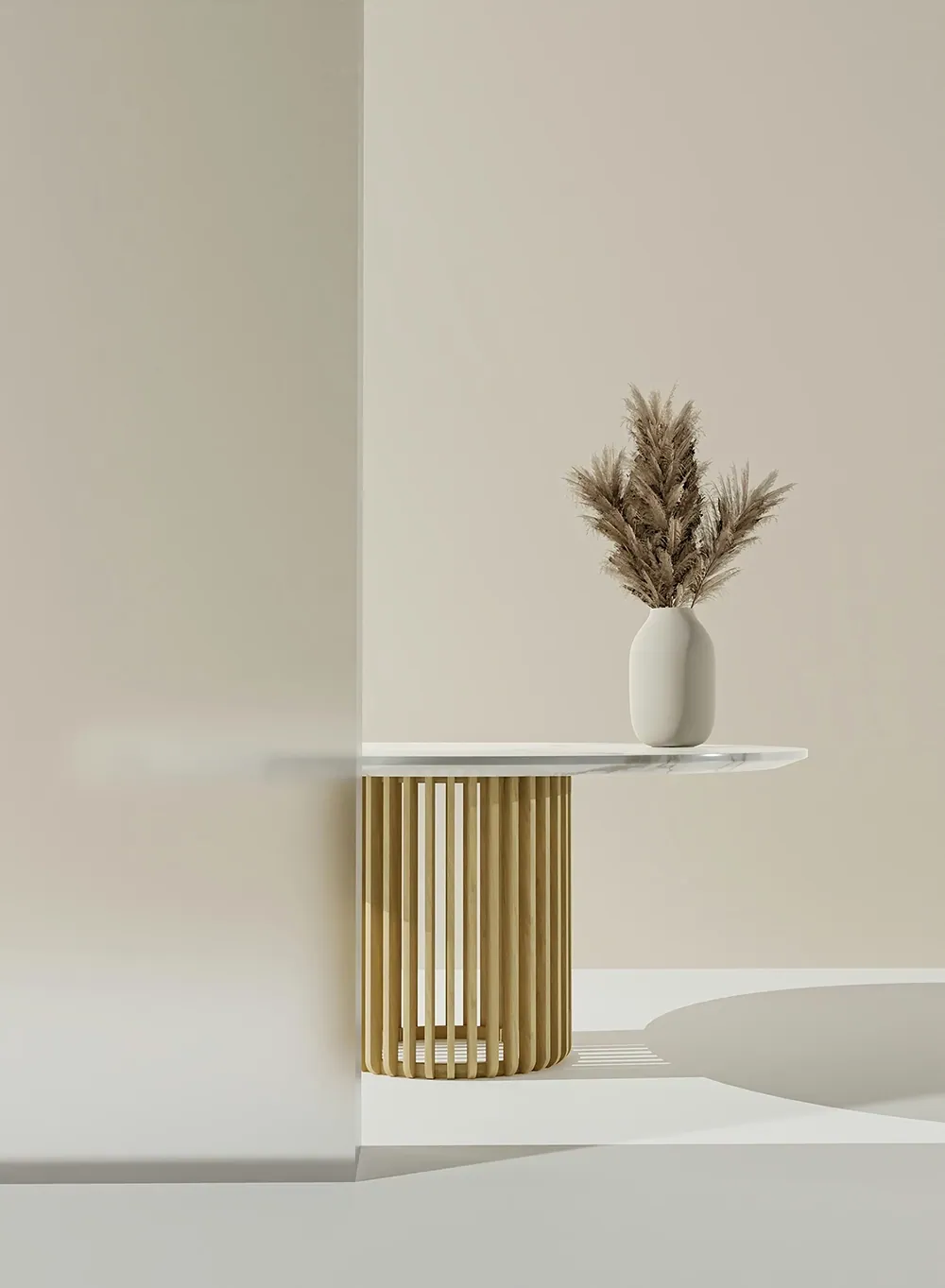Sculptural side table with dried arrangement