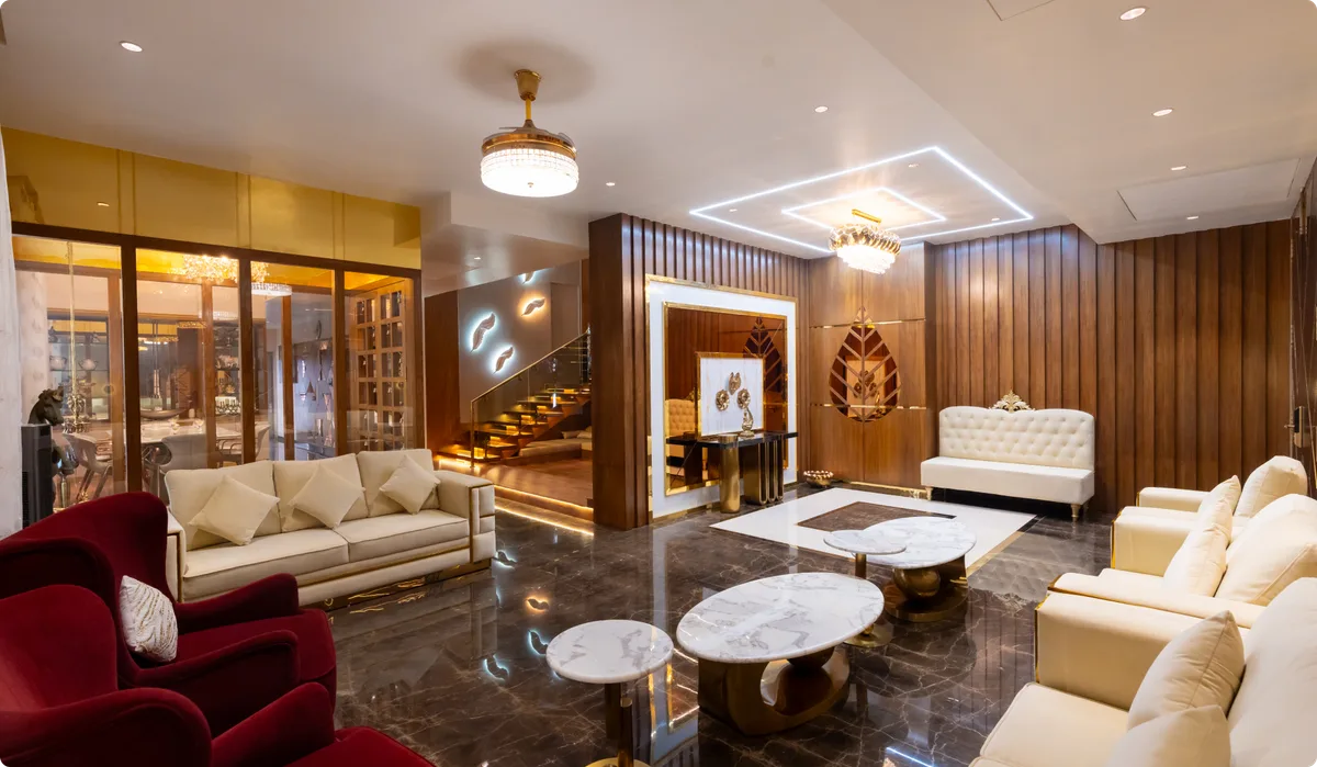 Double-height living room with sculptural staircase